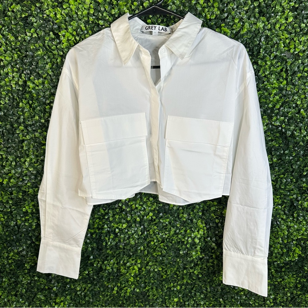 Nwt Grey Lab white Button-Up Blouse‎ cropped - Picture 3 of 8